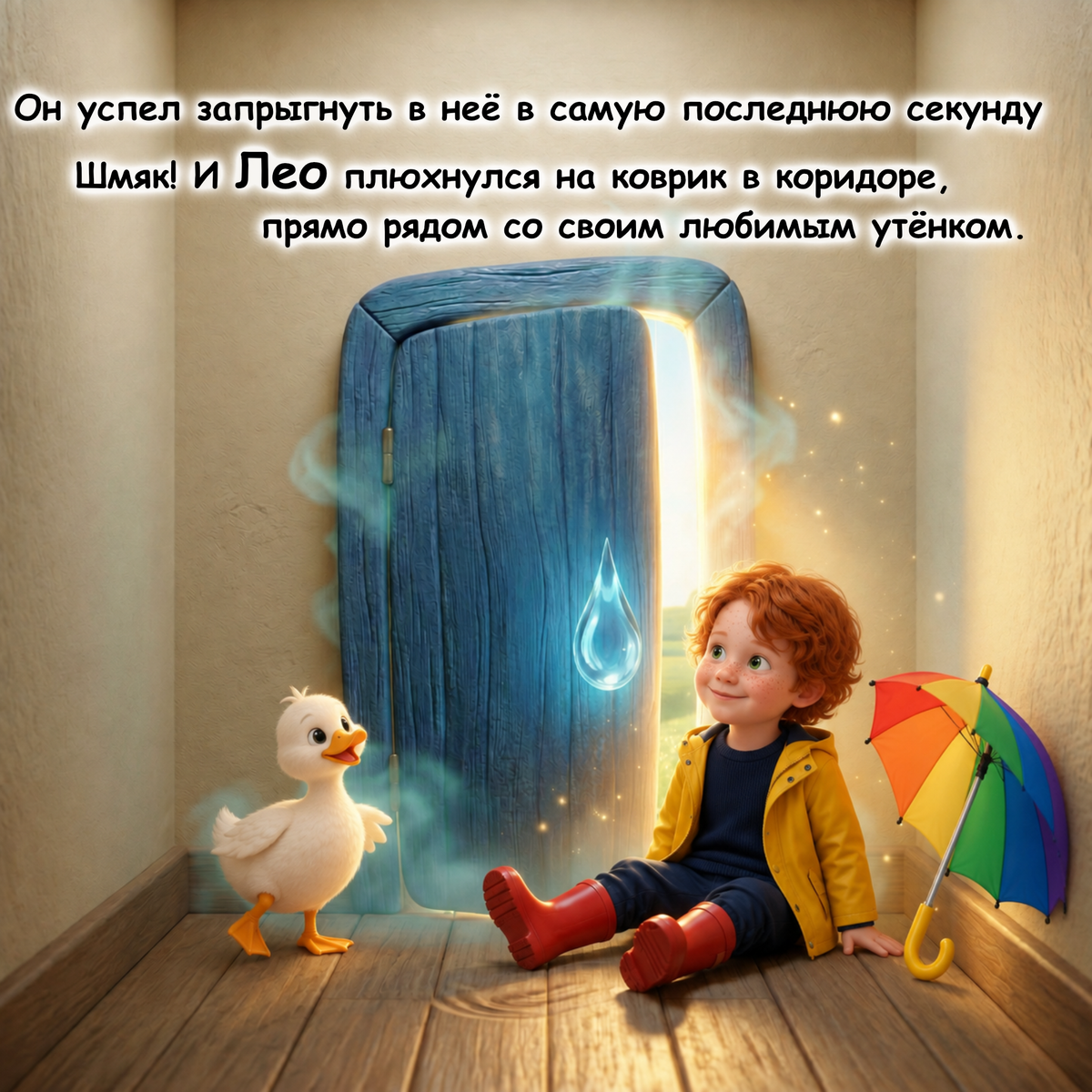 A children's book cover illustration showing a young boy with red hair sitting on a wooden floor next to a white duck and a rainbow umbrella, with a glowing blue door behind him. Black text at the top reads: 'He managed to jump into it at the very last second.