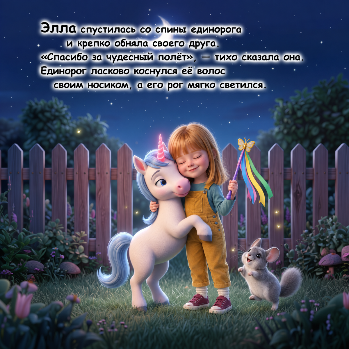 A whimsical illustrated scene at night shows a young girl hugging a white unicorn with a pastel blue mane and tail, standing in a grassy garden behind a wooden fence. A small gray mouse appears at the lower right, and Russian text is overlaid at the top.