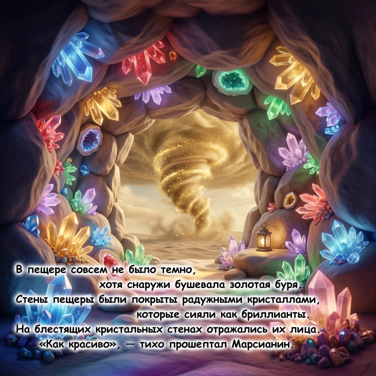 A fantasy cave scene with glowing multicolored crystals lining the walls and a golden tornado swirling in the distance. Russian text is overlaid near the bottom, and the scene appears to be the artwork itself rather than a physical product photo.