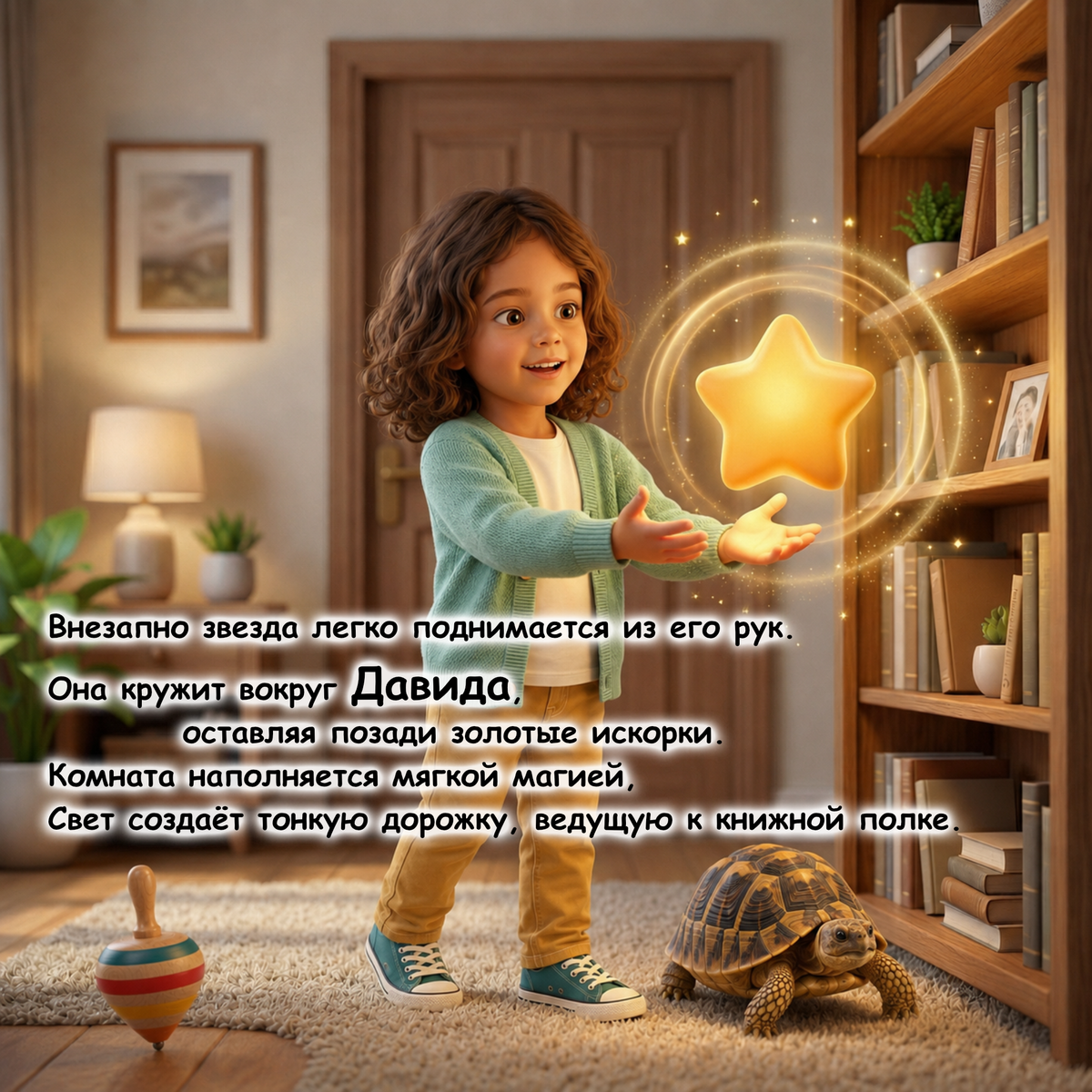 A young child stands in a cozy bookroom, reaching toward a glowing golden star effect in the air. The room has wooden bookshelves, a lamp, framed wall art, a rug, and a small turtle toy on the floor.