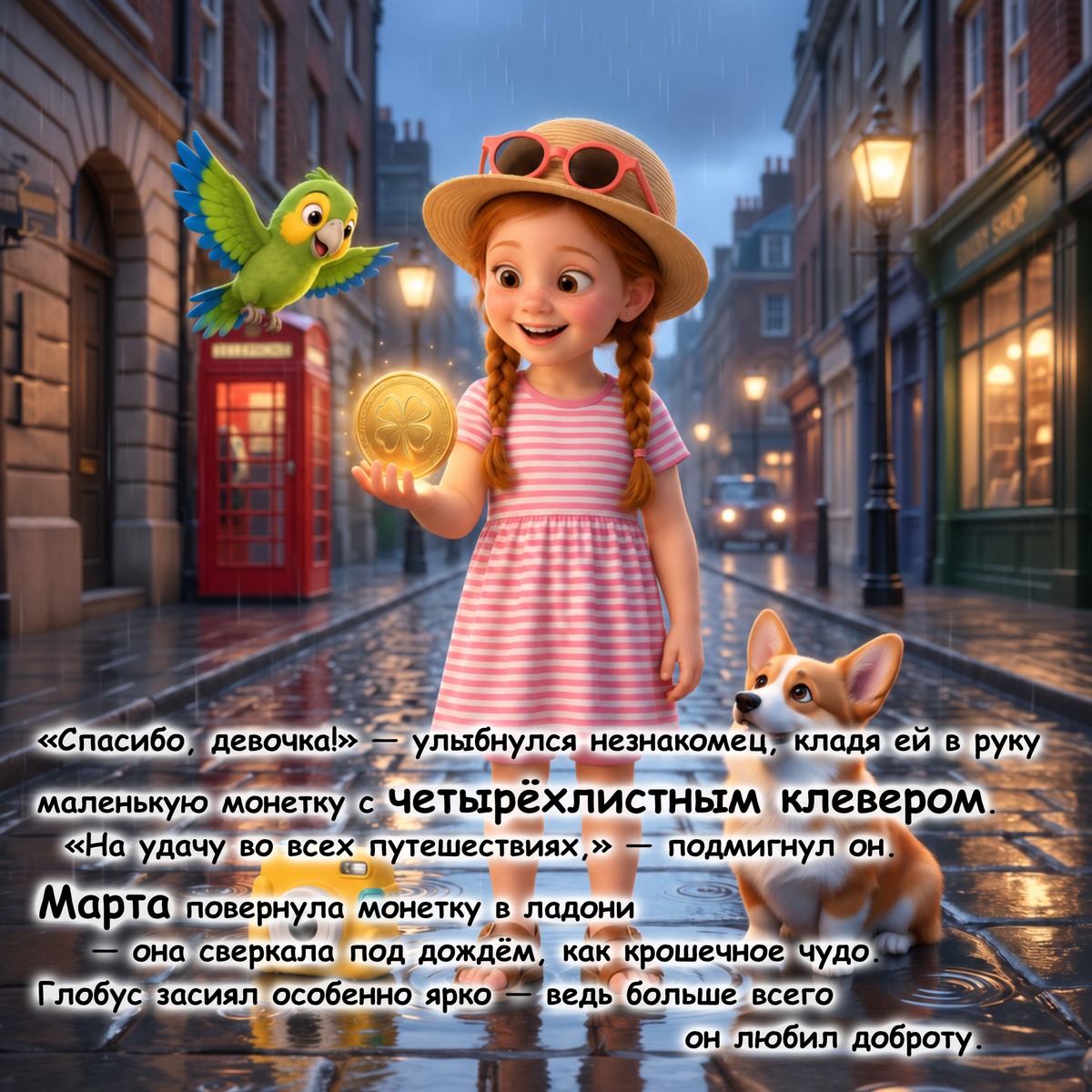 A whimsical illustrated street-scene scene with a young girl in a straw hat and pink striped dress holding a glowing gold coin, accompanied by a green bird and a corgi on a wet city street at dusk. Large Russian text overlays the lower half of the image.