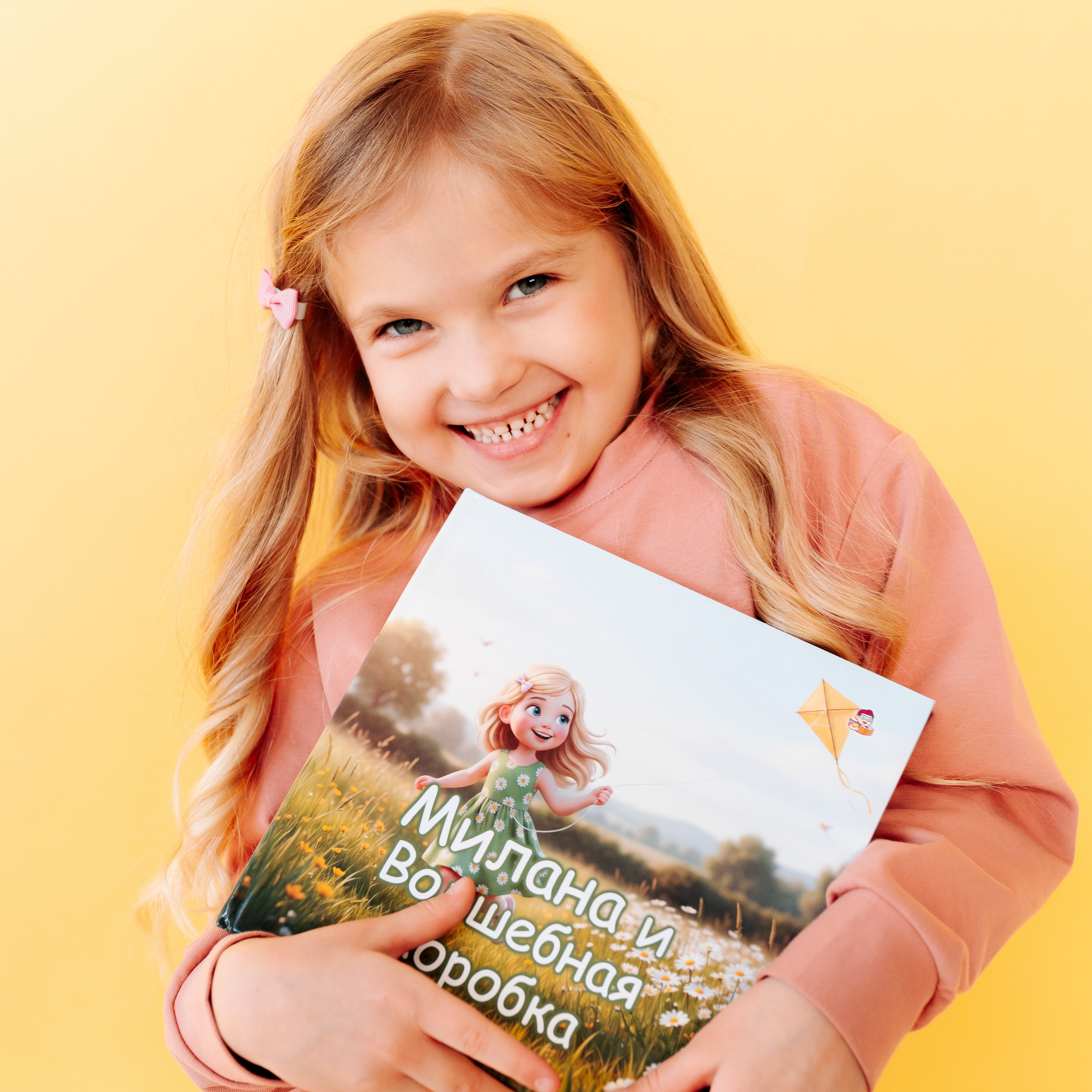 A smiling blonde girl in a pink sweatshirt proudly holds her personalized children's book titled "Milana and the Magic Box" featuring a cartoon girl running through a sunny meadow on the cover.