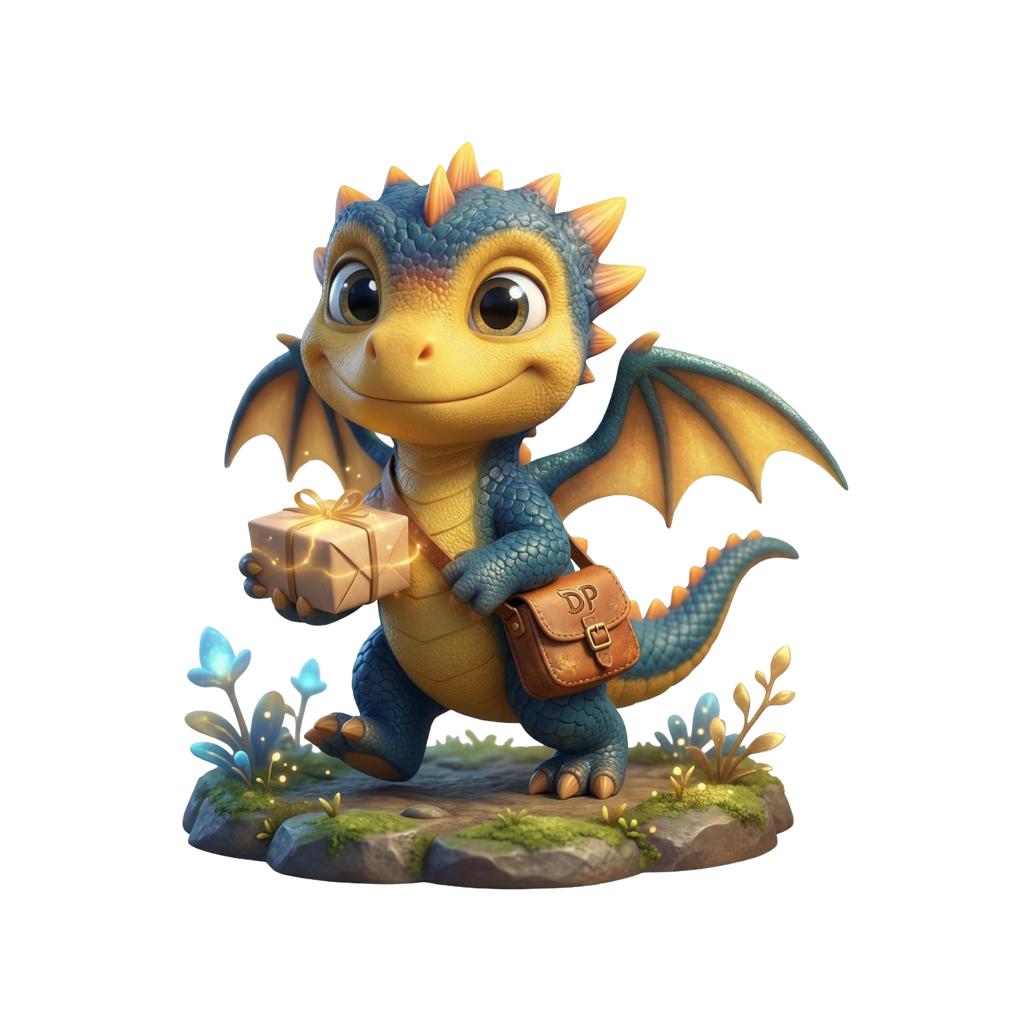 Hero By Name mascot — a friendly 3D-illustrated baby dragon carrying a glowing gift box and a leather messenger bag, walking through a magical setting, used to represent order delivery or gifting.