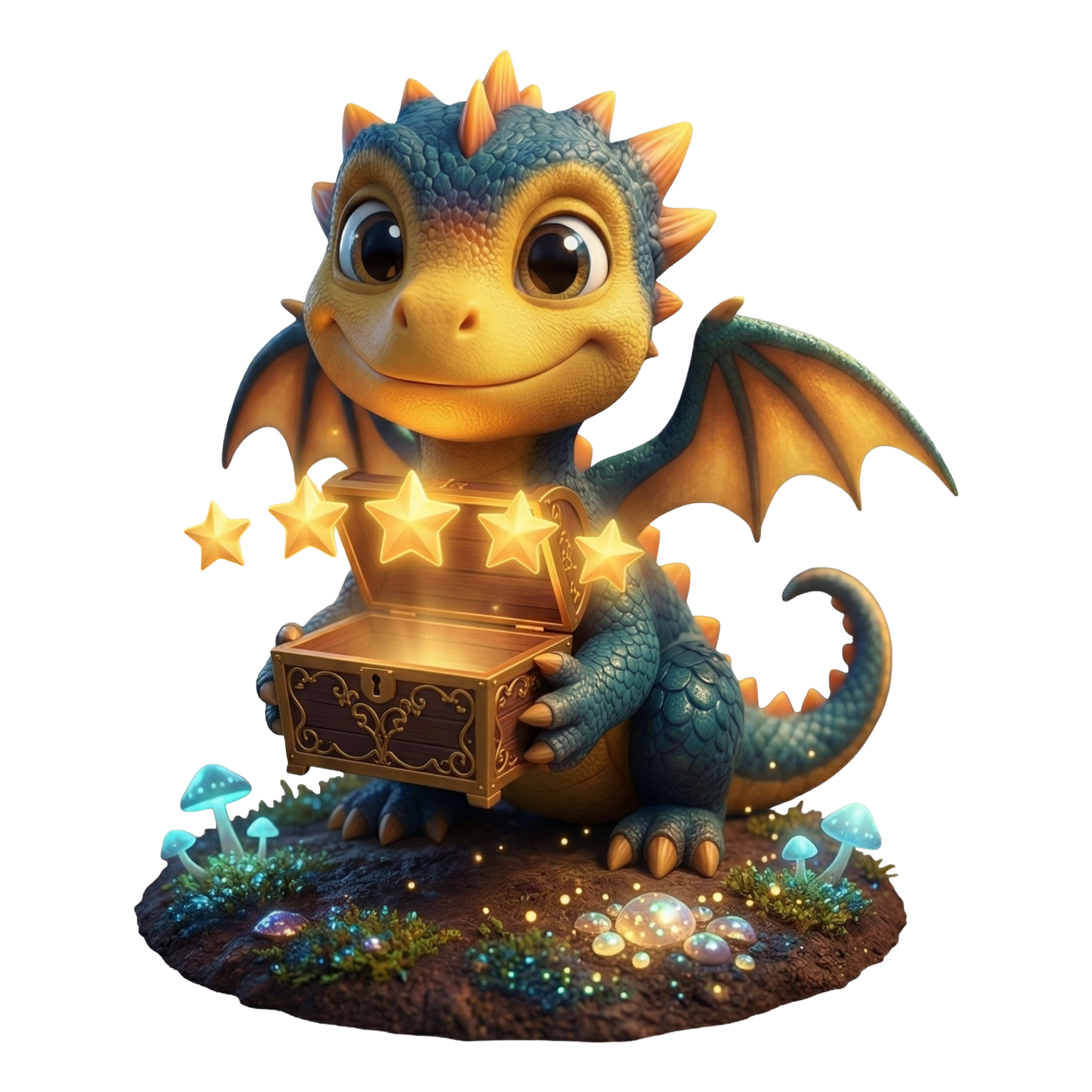 Hero By Name mascot — a friendly 3D-illustrated baby dragon holding an open glowing treasure chest with five golden stars floating above it, surrounded by magical mushrooms and sparkling gems, used to represent customer reviews.