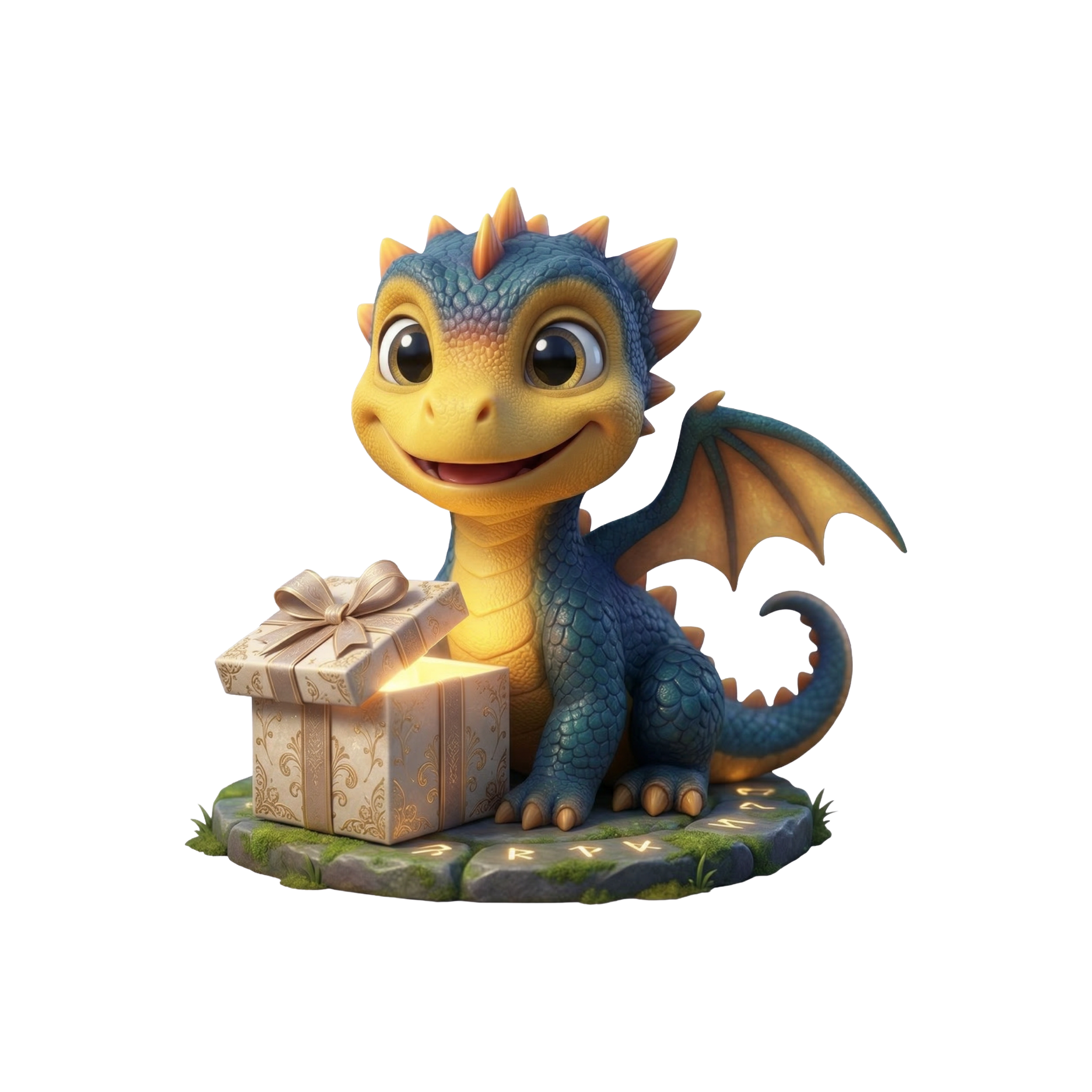 Hero By Name mascot — a friendly 3D-illustrated baby dragon sitting beside a glowing ornate gift box with a ribbon bow, used to represent the book as a perfect personalized gift.