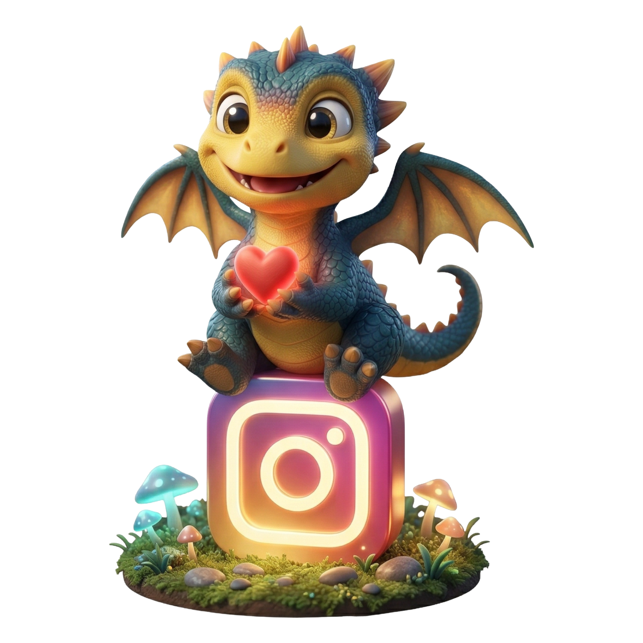 Hero By Name mascot — a friendly 3D-illustrated baby dragon holding a glowing red heart, sitting on a glowing Instagram icon surrounded by magical mushrooms, used as a social media follow prompt.