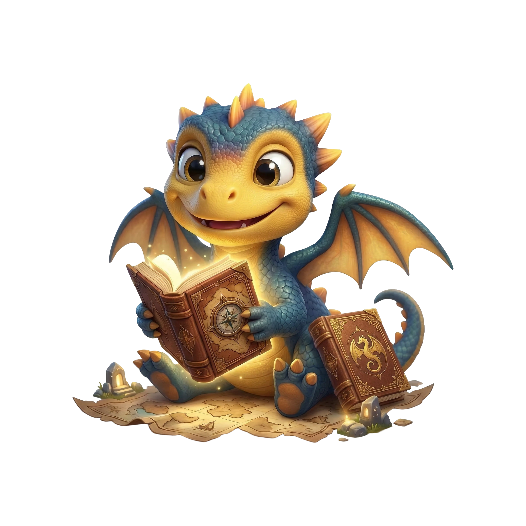 Hero By Name mascot — a friendly 3D-illustrated baby dragon sitting on an old map and happily reading a glowing magical book, with a second ornate book beside it, used to represent the world of personalized children's stories.