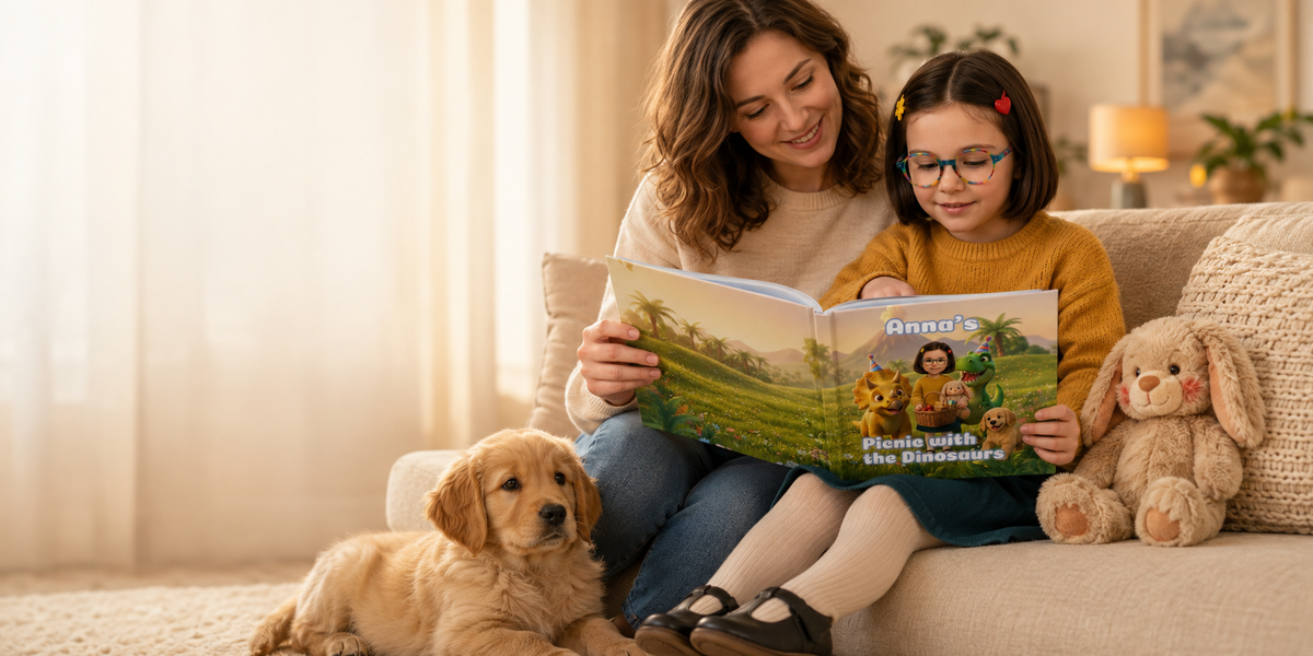 A woman and a young girl sit on a beige sofa reading a children's picture book together, with a golden retriever dog at their side and a plush bunny toy on the couch in a warm, softly lit living room.