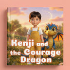 Book cover of "Kenji and the Courage Dragon" showing a 3D-illustrated dark-haired boy in yellow overalls standing beside a friendly blue baby dragon in a magical glowing meadow at sunset.