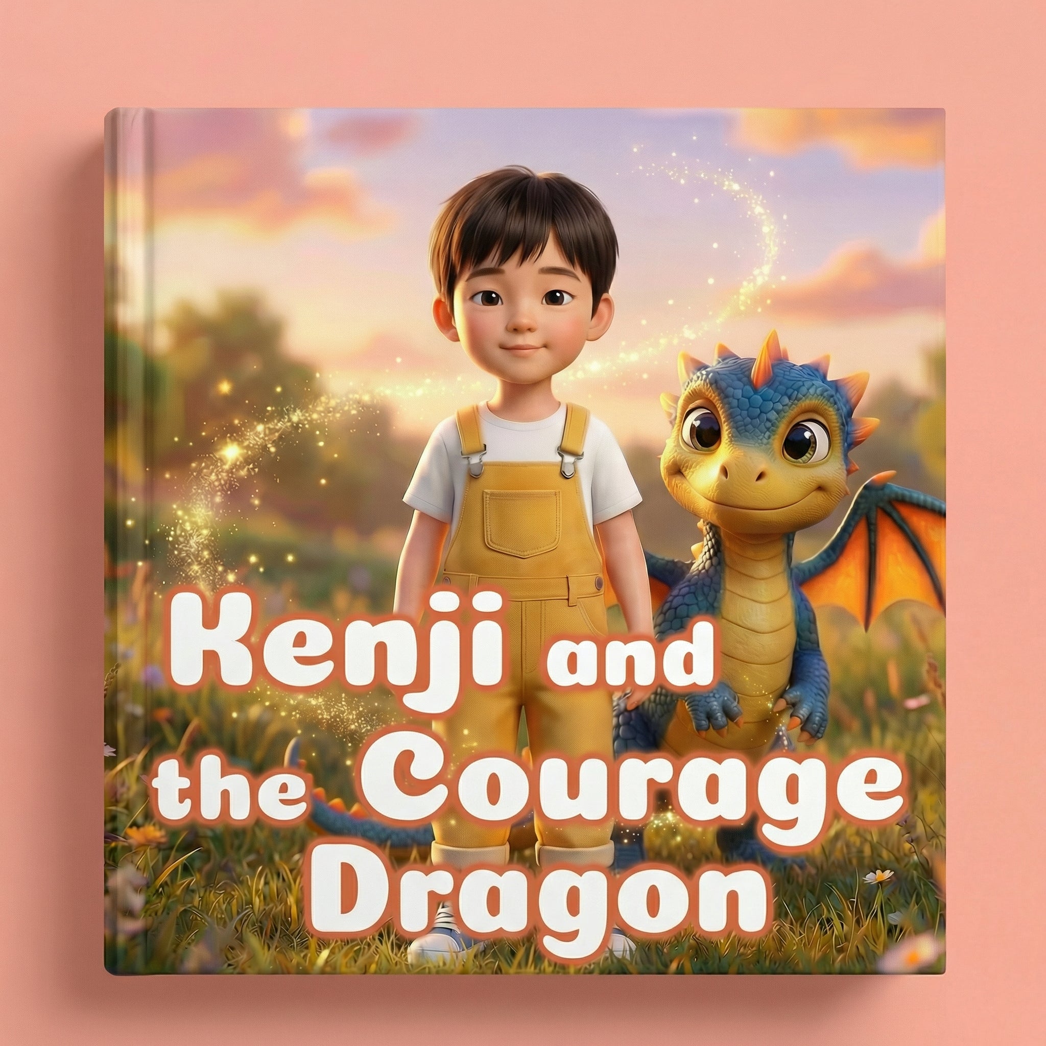 Book cover of "Kenji and the Courage Dragon" showing a 3D-illustrated dark-haired boy in yellow overalls standing beside a friendly blue baby dragon in a magical glowing meadow at sunset.