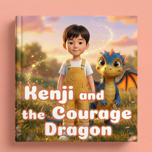 Book cover of "Kenji and the Courage Dragon" showing a 3D-illustrated dark-haired boy in yellow overalls standing beside a friendly blue baby dragon in a magical glowing meadow at sunset.