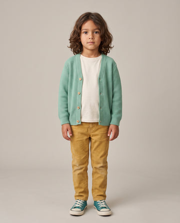 A young child stands against a plain light beige studio background wearing a mint green cardigan over a white t-shirt, mustard yellow pants, and teal sneakers.