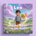 Book cover of 'Leo and the Door in the Rain' with a boy and a dog in a fantasy landscape.