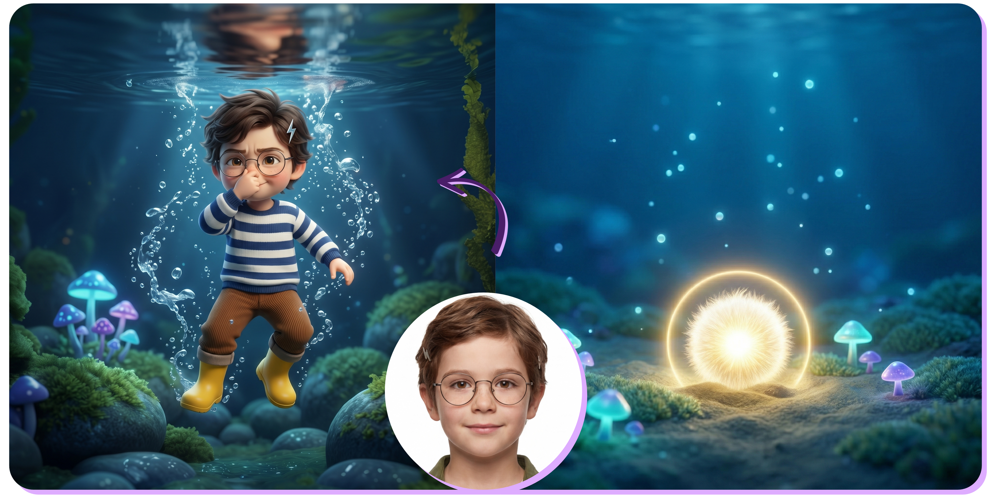 Underwater scene with a character in a striped shirt and rain boots, surrounded by glowing plants and a circular light.