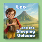 Book cover of 'Leo and the Sleeping Volcano' with a character holding a backpack and a mountain in the background.