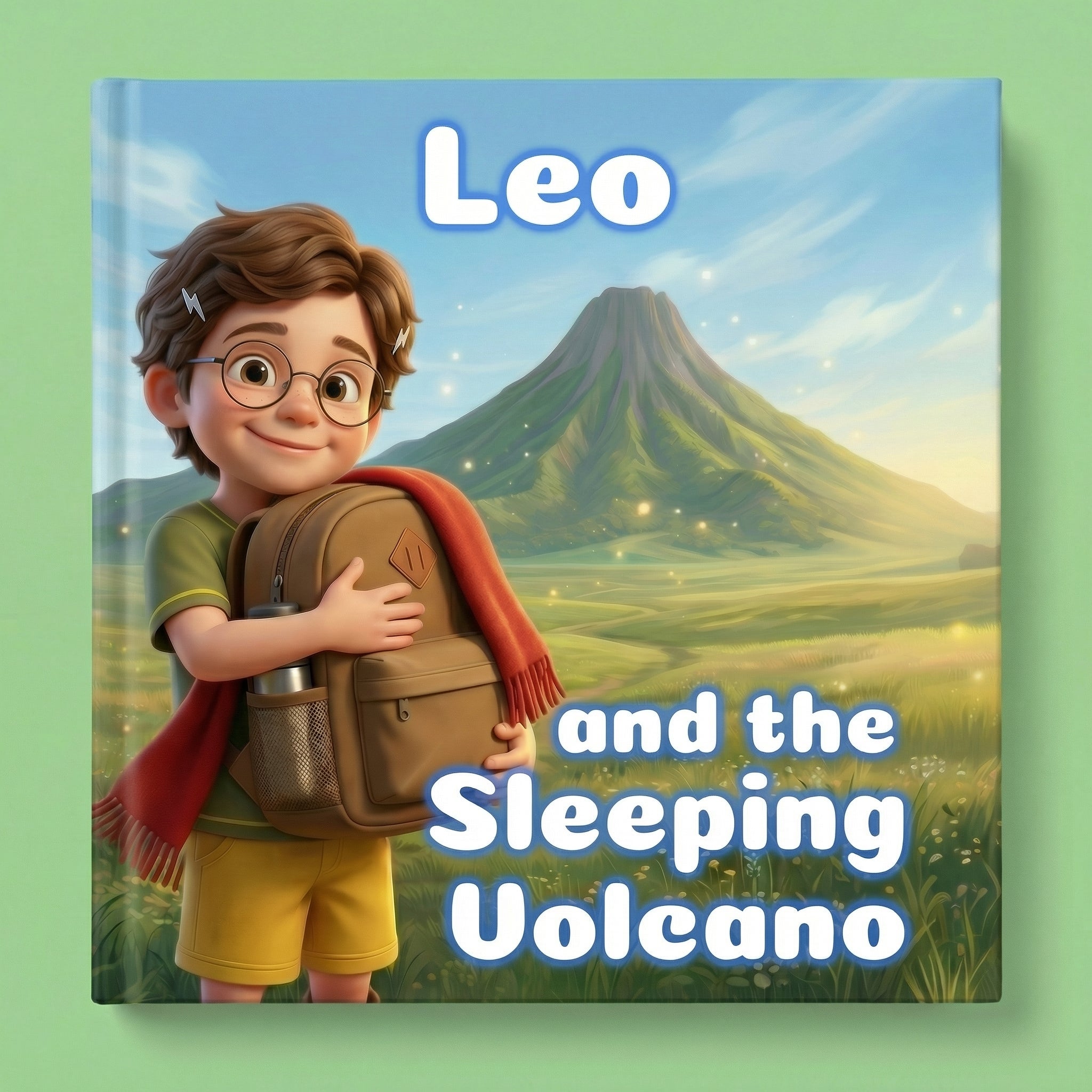 Book cover of 'Leo and the Sleeping Volcano' with a character holding a backpack and a mountain in the background.