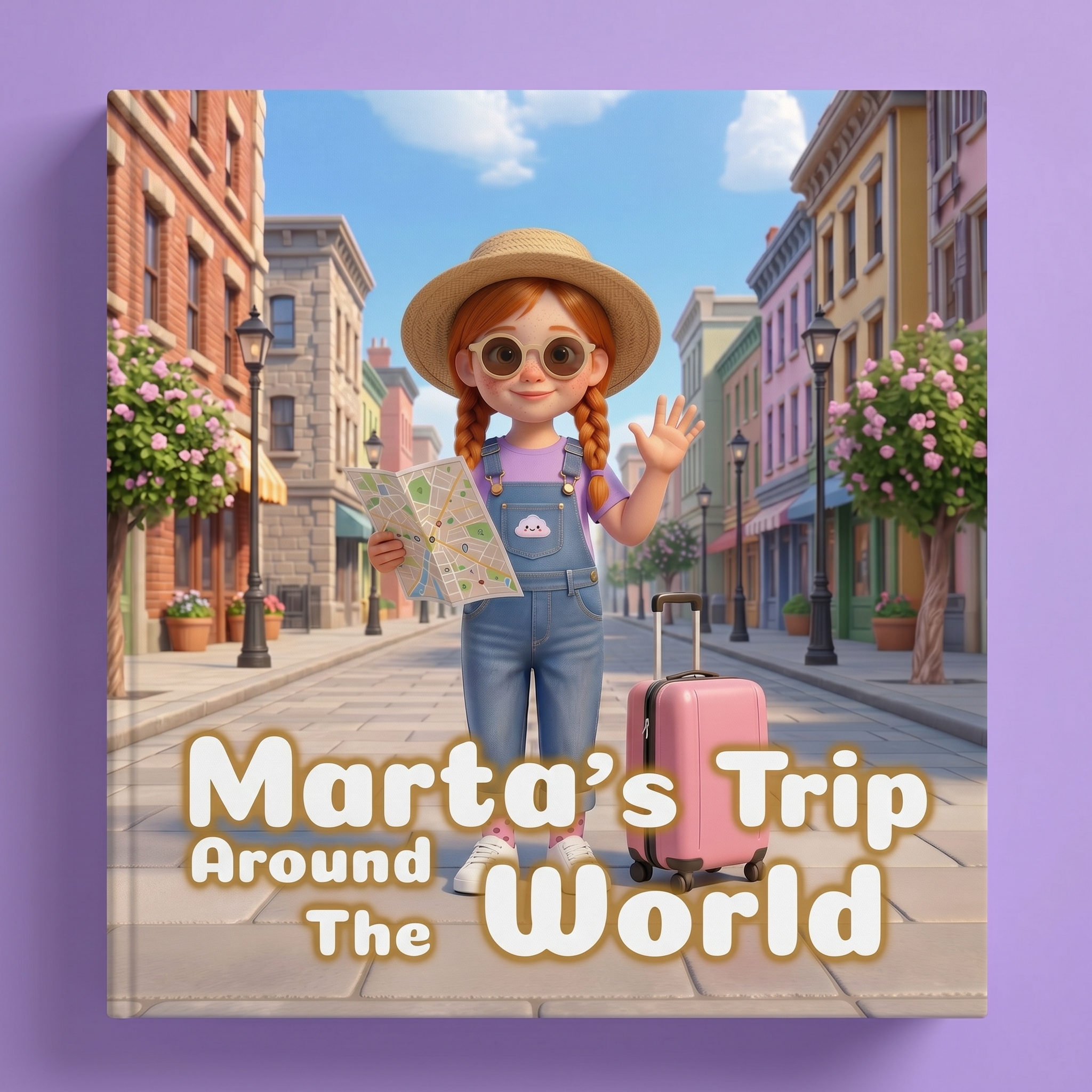 Book cover of 'Marta's Trip Around The World' with a girl in a hat and sunglasses on a street.