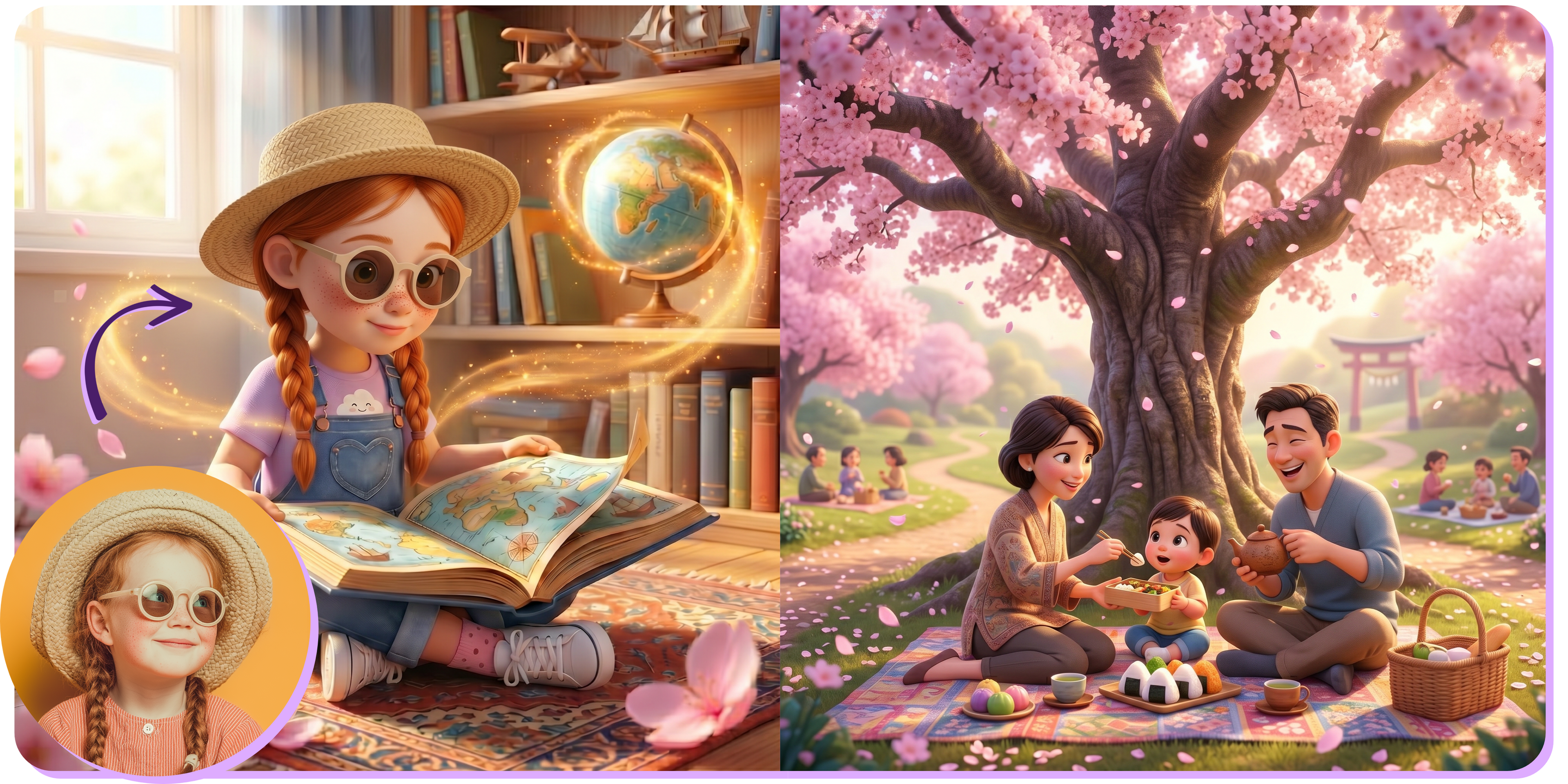 Two images: one of a girl reading a book in a cozy room, and another of a family having a picnic under a cherry blossom tree.