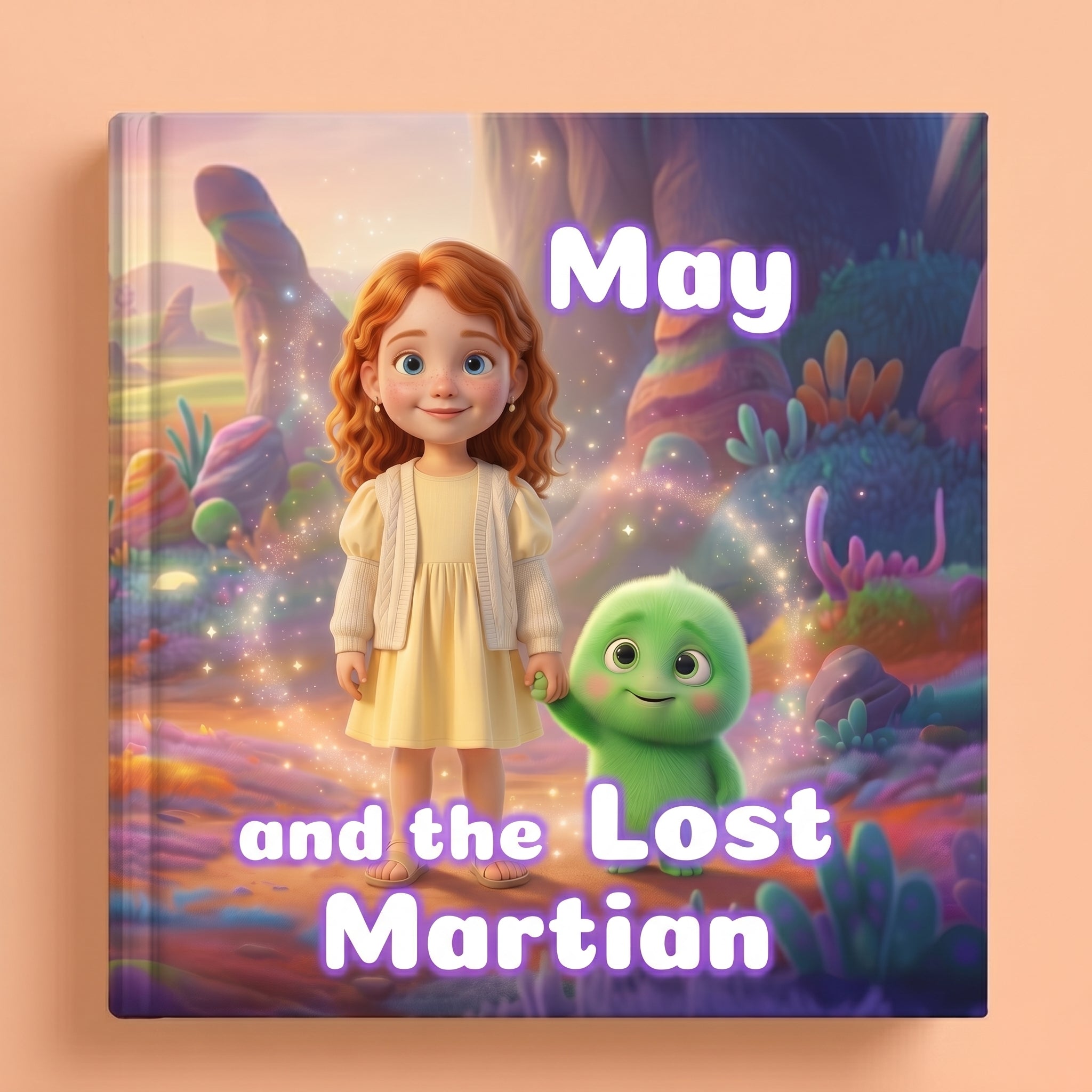 Book cover of "May and the Lost Martian" showing a 3D-illustrated ginger girl standing next to a small fluffy green alien creature in a glowing, colorful alien landscape.