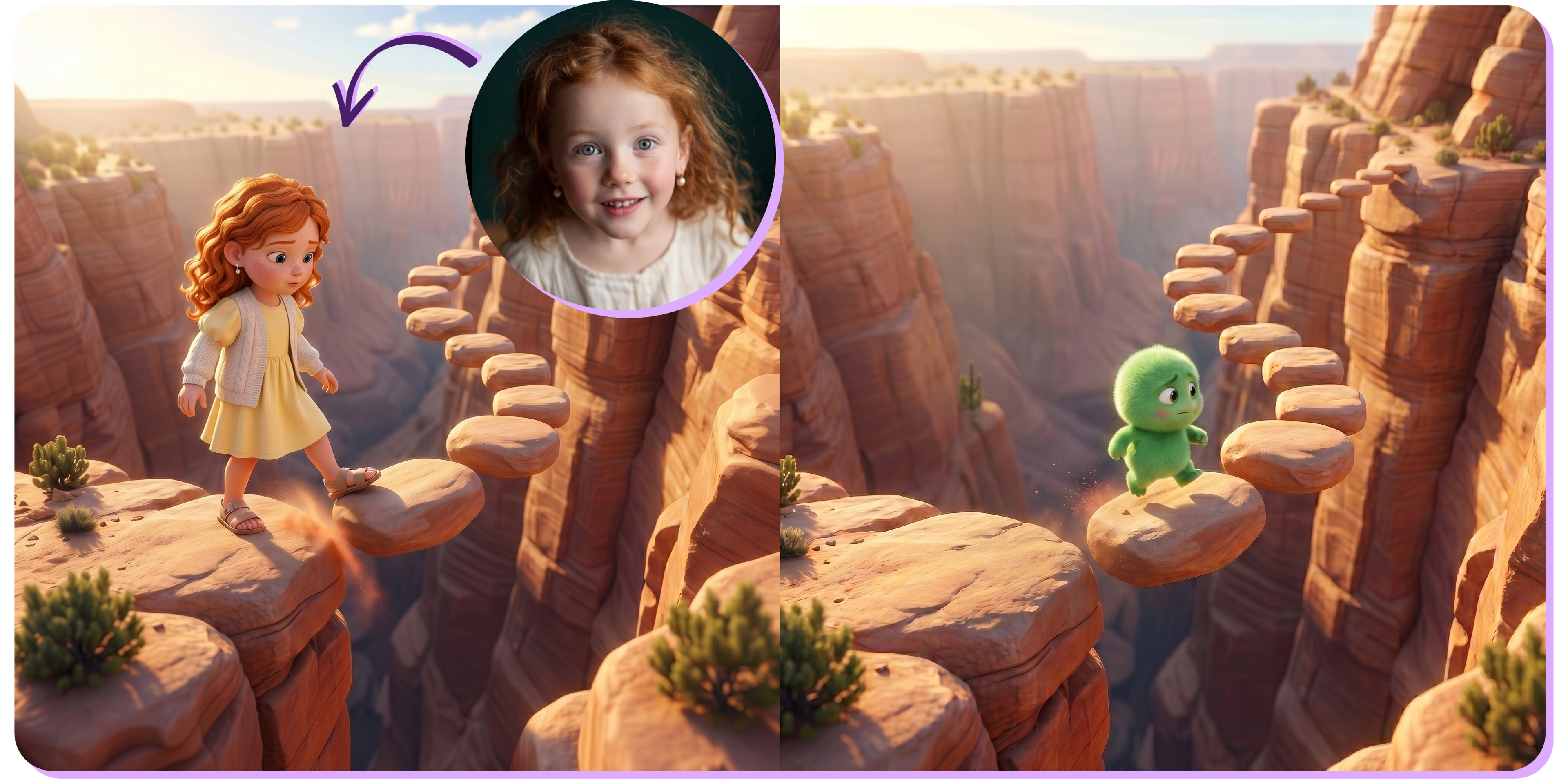 Promotional image for a personalized children's book. On the left, a 3D-illustrated girl with red curly hair, wearing a yellow dress and white cardigan, steps across floating stones over a dramatic canyon — her appearance matches the real child's photo shown above with an arrow. On the right, her fuzzy green creature companion hops along the same stone path toward her.