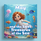 Book cover of "May and the Lost Treasures of the Sea" showing a 3D-illustrated red-haired girl in a white floral dress swimming underwater among colorful sea creatures including clownfish, a blue tang, a seahorse, and a jellyfish above a vibrant coral reef.