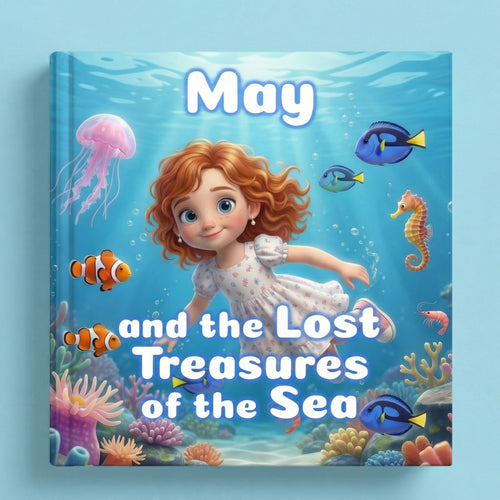 Book cover of "May and the Lost Treasures of the Sea" showing a 3D-illustrated red-haired girl in a white floral dress swimming underwater among colorful sea creatures including clownfish, a blue tang, a seahorse, and a jellyfish above a vibrant coral reef.