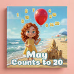 Book cover of "May Counts to 20" showing a 3D-illustrated red-haired girl in a yellow dress holding a red balloon on a sunny beach, surrounded by floating numbers from 1 to 20, with a sandcastle nearby.