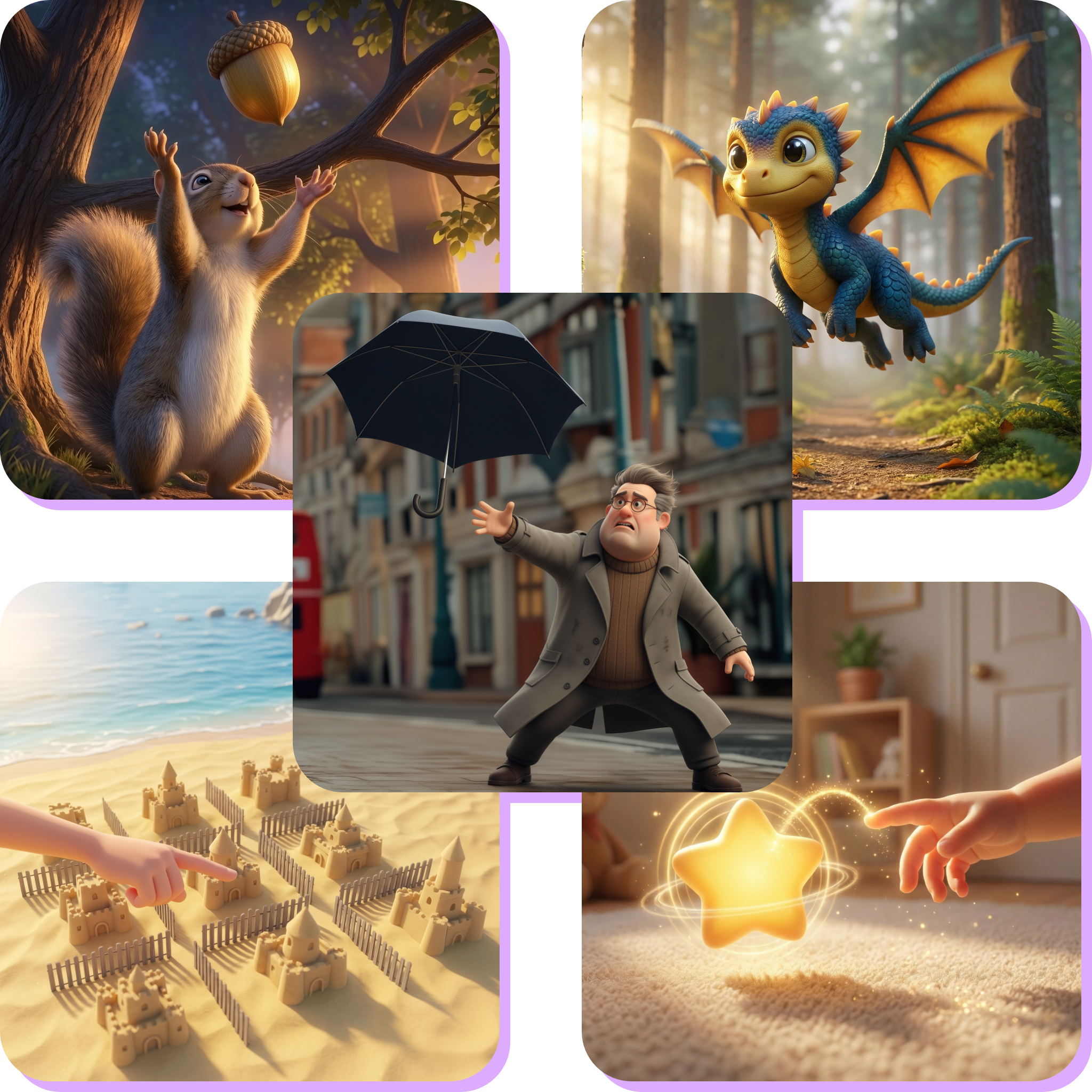 A collage of magical illustrated scenes from personalized children's books — a squirrel reaching for an acorn, a baby dragon flying through a sunlit forest, a 3D-illustrated man chasing an umbrella on a city street, a child pointing at sandcastles on a beach, and a hand reaching toward a glowing star.
