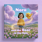 Book cover of 'Nora and the Door in the Rain' with a girl and a yellow creature in a field with flowers and clouds.