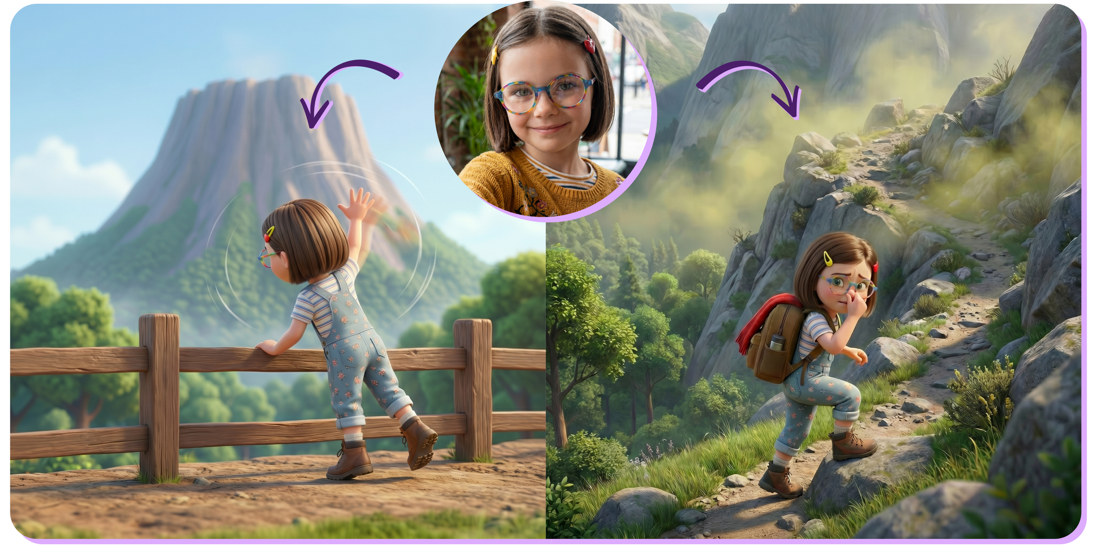Illustration of a girl standing by a wooden fence with a mountain in the background, followed by a scene of her hiking on a rocky path.