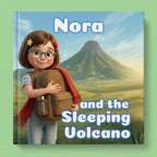 Book cover of 'Nora and the Sleeping Volcano' with a girl holding a backpack against a mountain background.