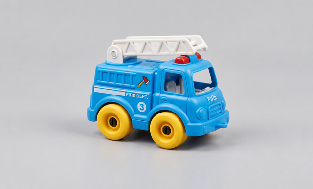 A small blue toy fire truck with yellow wheels, a white ladder on top, and red light details, photographed on a plain light gray background.