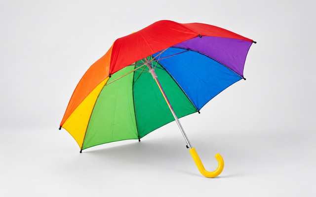 A classic rainbow umbrella with red, orange, yellow, green, blue, and purple panels, featuring a silver metal shaft and a bright yellow curved handle, shown open on a light gray background.
