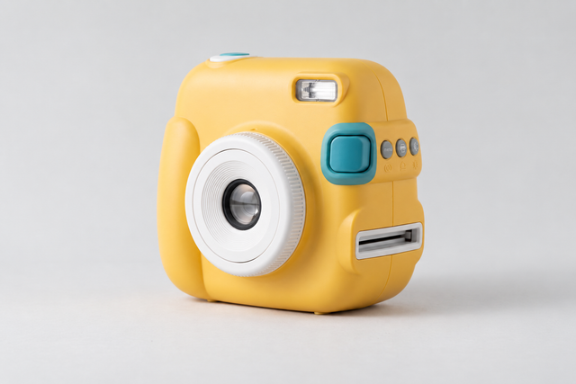 A retro-style instant camera in a bright yellow color with a white lens ring, a turquoise blue button, and a silver flash, shown on a light gray background.