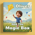 Book cover with a child flying a kite in a field, titled 'Oliver and the Magic Box'.