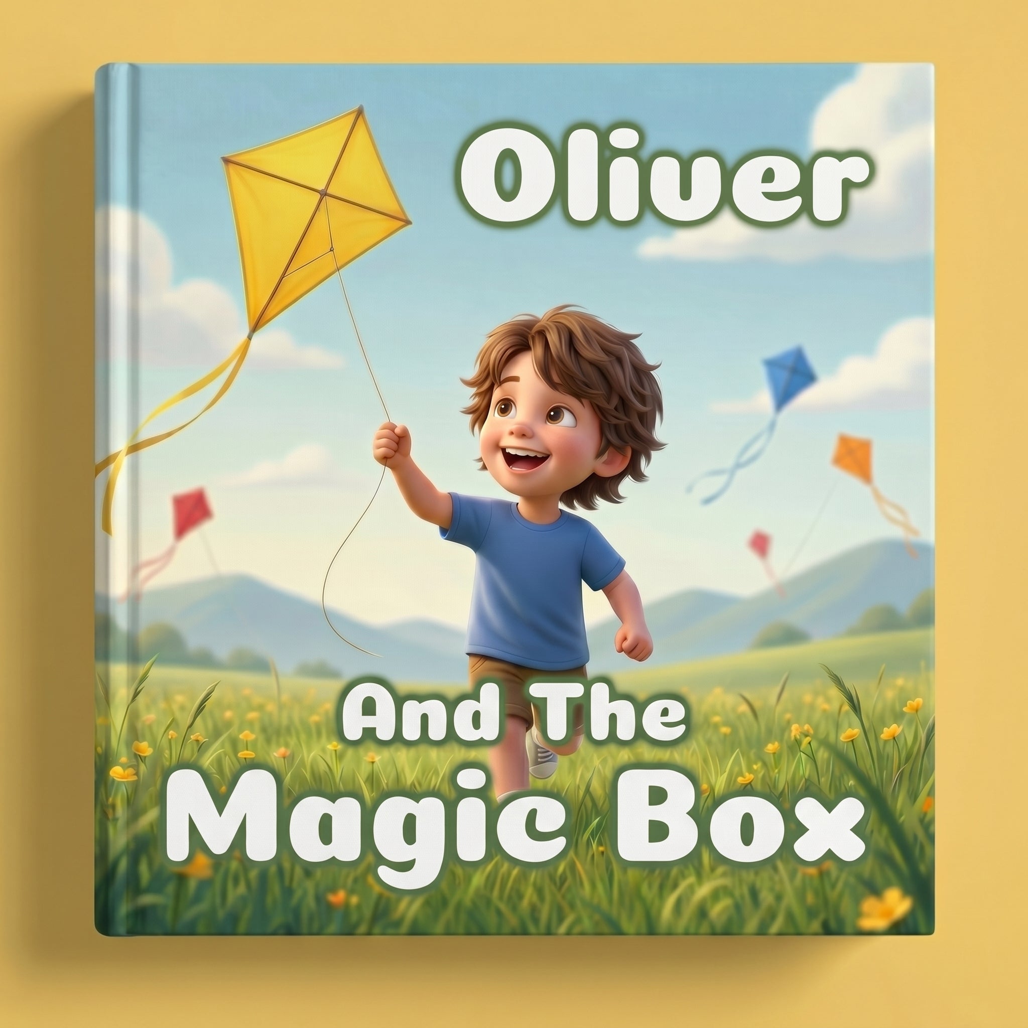 Book cover with a child flying a kite in a field, titled 'Oliver and the Magic Box'.