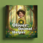 Book cover of "Oliver: Animal Helper" showing a 3D-illustrated brown-haired boy in a ranger hat and khaki outfit holding a glowing bouquet of flowers in a sunlit enchanted forest surrounded by colorful wildflowers.