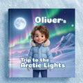 Book cover of "Oliver's Trip to the Arctic Lights" showing a 3D-illustrated brown-haired boy in a light blue puffer jacket, standing on a snowy Arctic landscape under a vibrant aurora borealis and full moon.