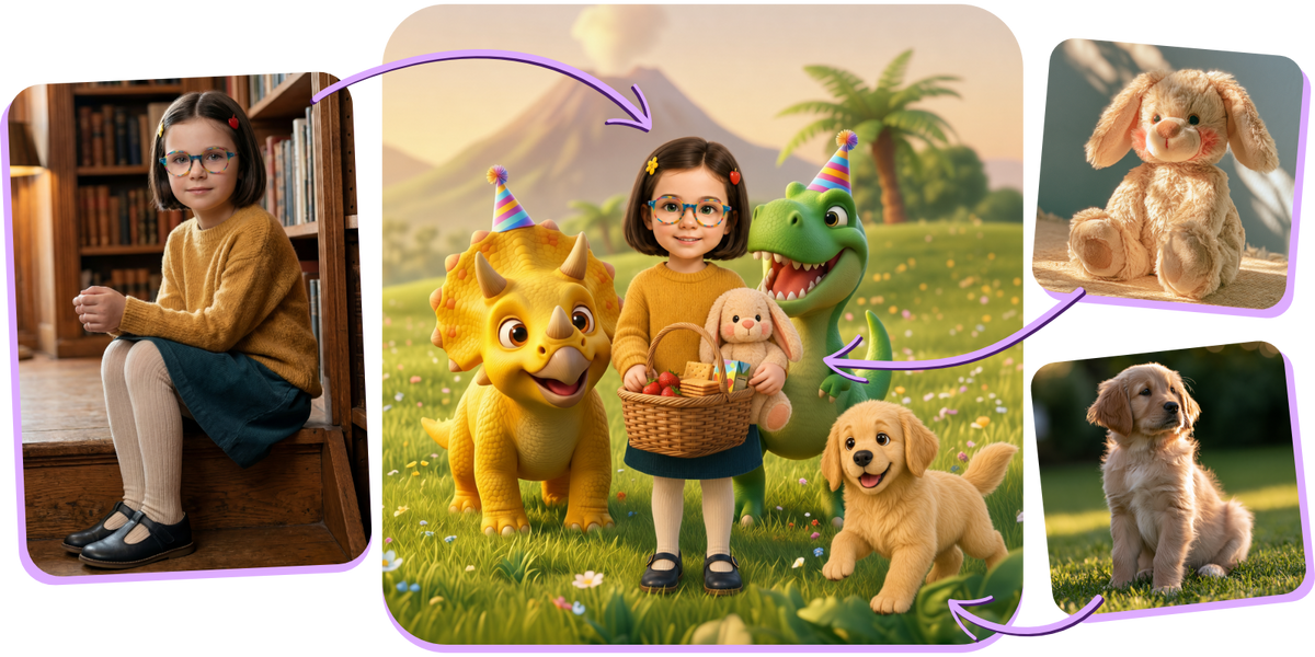 Photos of a child, dog and toy shown beside their personalized story illustration
