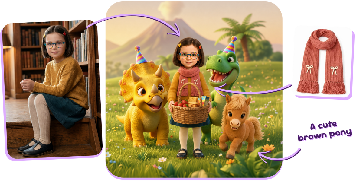A child’s photo, an animal description and an object photo shown beside their personalized story illustration