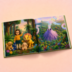 An open illustrated children's book spread on a soft peach background, showing a colorful fantasy forest scene with a girl, pets, a dinosaur, and a purple volcano.