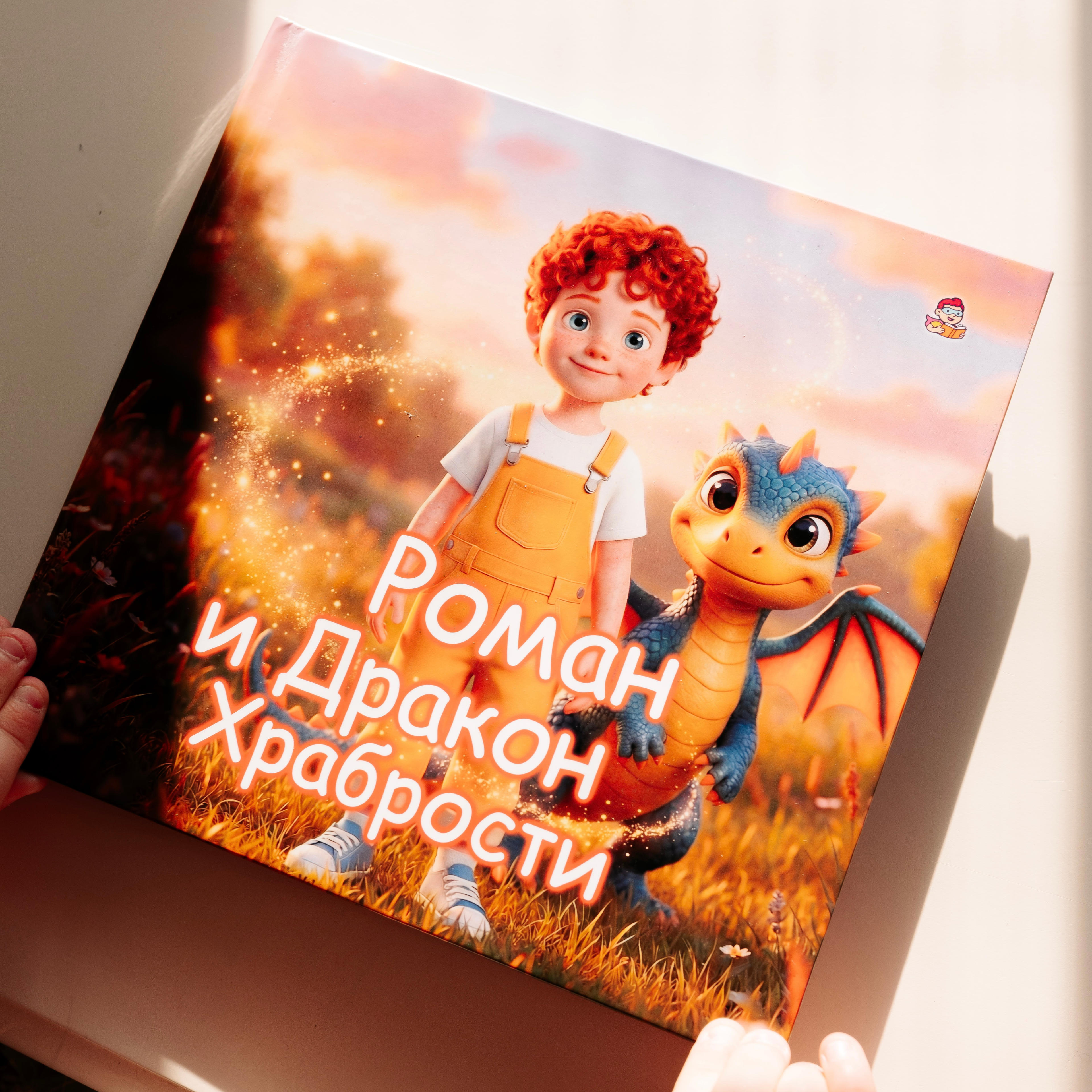 A hand holds the personalized children's book "Roman and the Courage Dragon," showing a cover with a 3D-illustrated red-haired curly boy in yellow overalls standing beside a friendly blue and orange baby dragon in a glowing golden meadow at sunset.