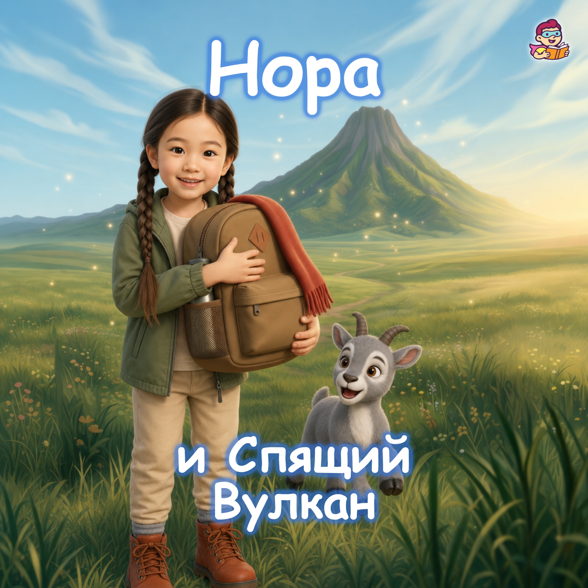 A children's book cover or poster-style illustration showing a young girl standing in a grassy landscape with a mountain behind her, holding a brown backpack. A cartoon goat is at her side, and Russian text is overlaid on the scene.