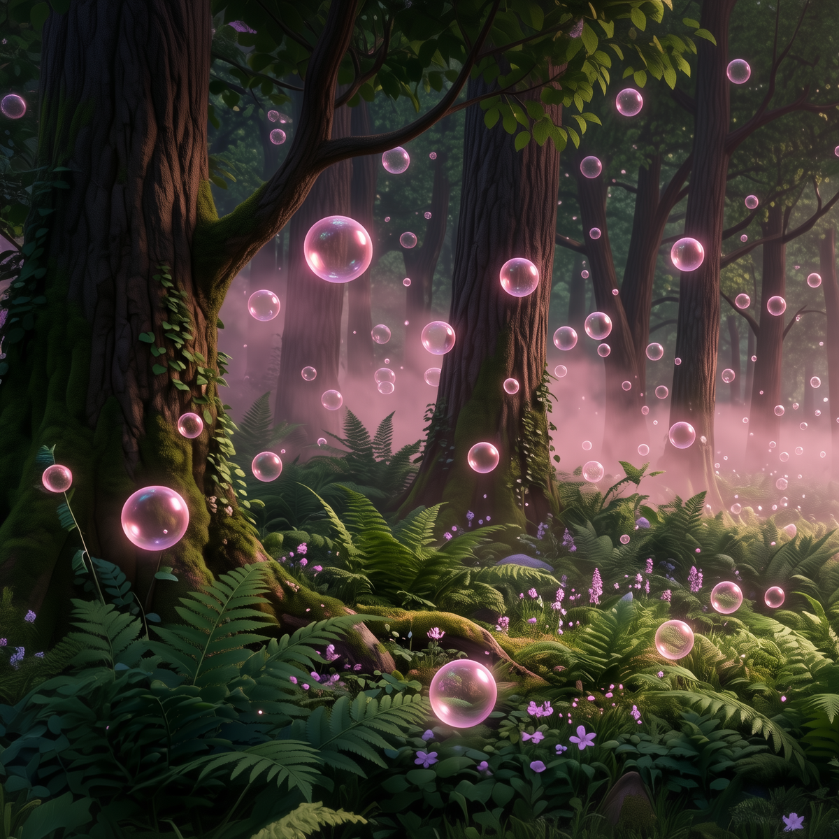 A whimsical forest scene with tall mossy trees, ferns, and pink glowing bubbles floating through misty woodland light.