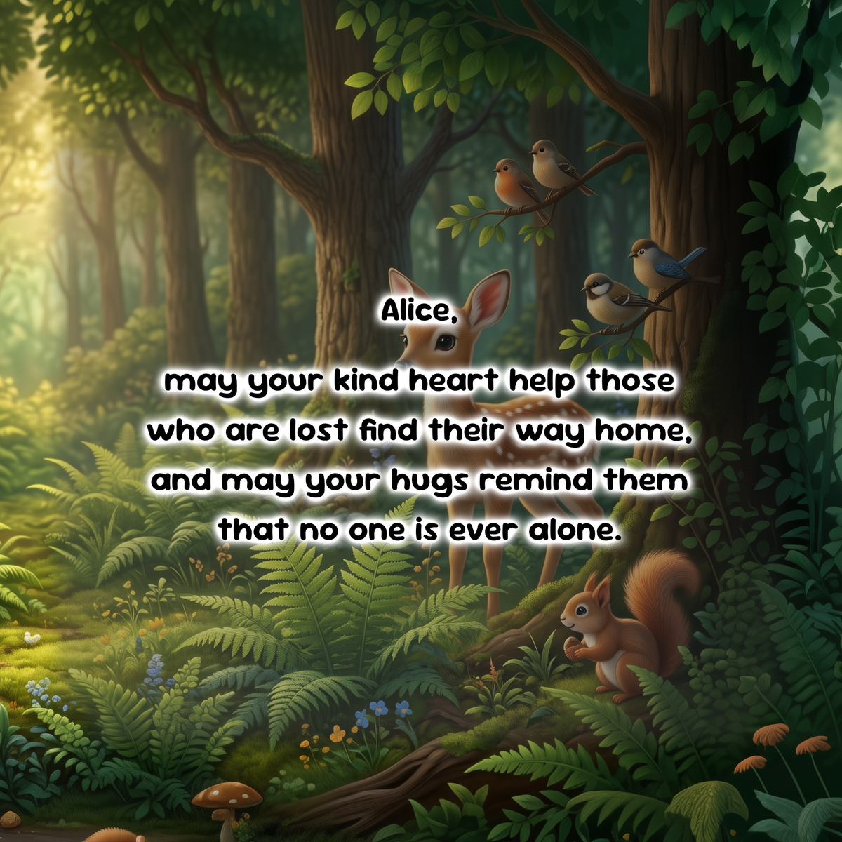 A digital graphic featuring a fantasy forest scene with a quote in the center. The quote reads: 'Ella, may friendship and belief in magic always live in your kind heart, helping you bring hope to those who need it most.