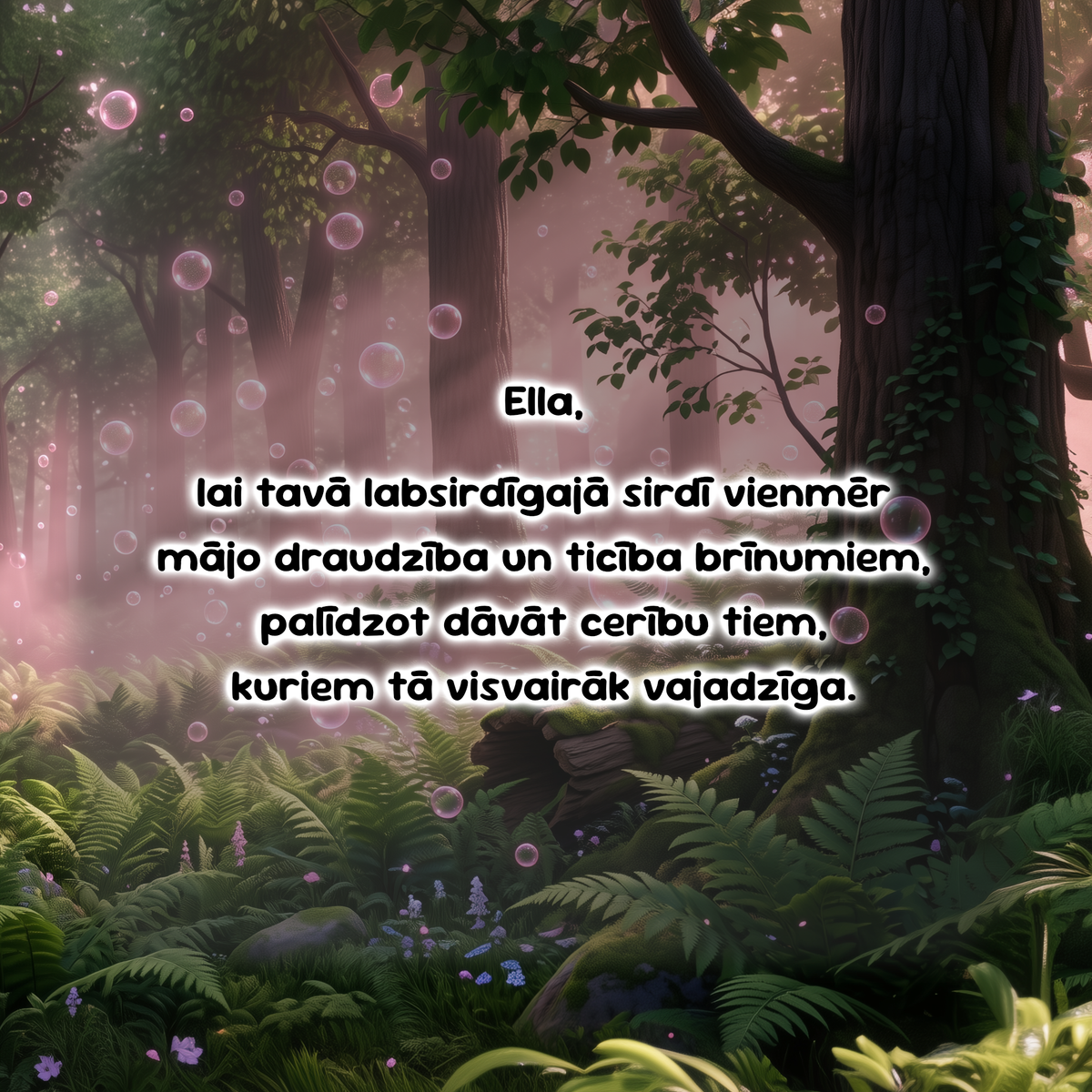 A fantasy forest scene with glowing pink bubbles, misty light, ferns, and large tree trunks, overlaid with a centered block of Latvian text reading: 'Ella, lai tavá labsirdigajá sirdá vienmér májo draudziba un ticiba brinumiem, palădzot dăvát cerību tiem, kuriem tä visvairák vajadză.'.