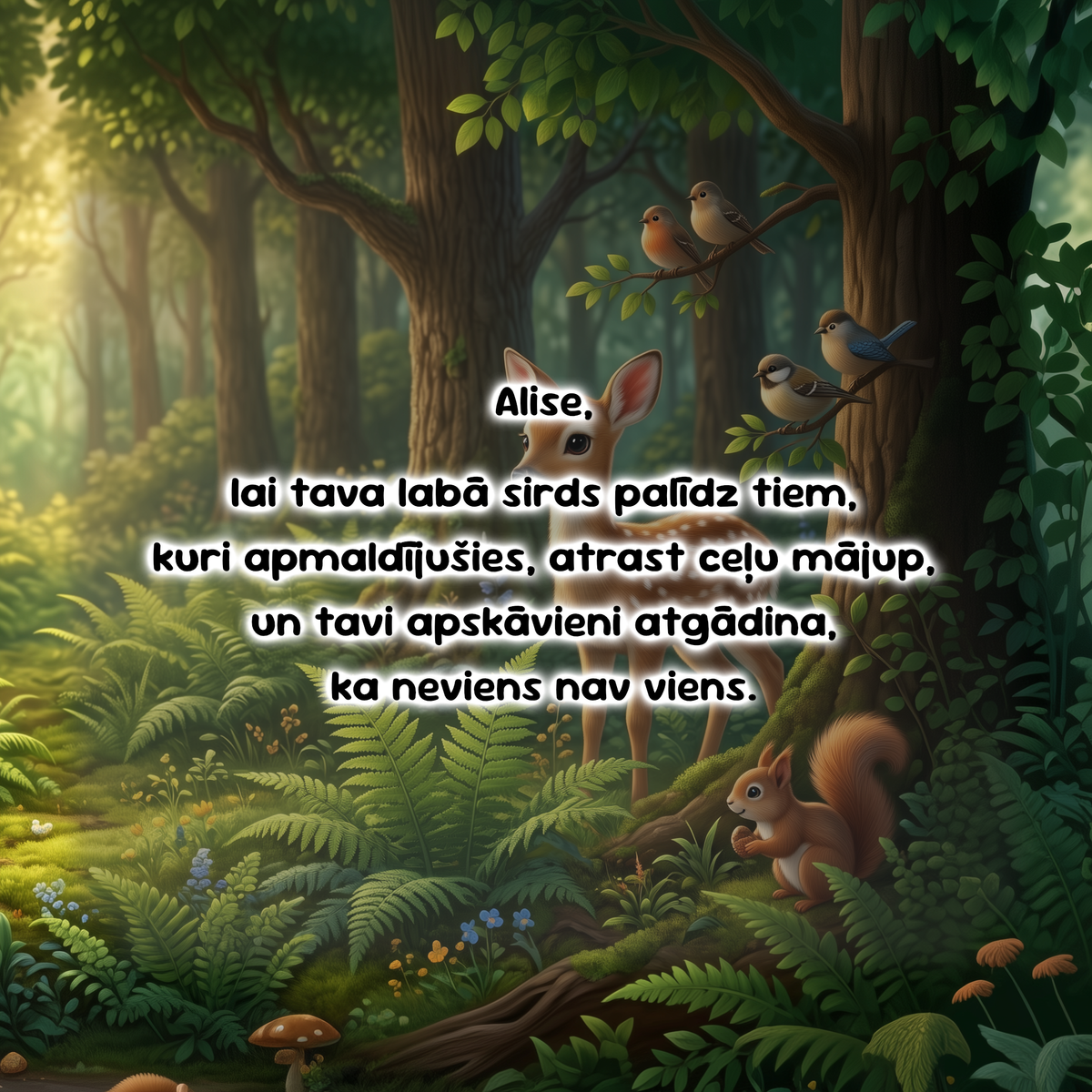 A fantasy forest scene with glowing pink bubbles, misty light, ferns, and large tree trunks, overlaid with a centered block of Latvian text reading: 'Ella, lai tavá labsirdigajá sirdá vienmér májo draudziba un ticiba brinumiem, palădzot dăvát cerību tiem, kuriem tä visvairák vajadză.'.