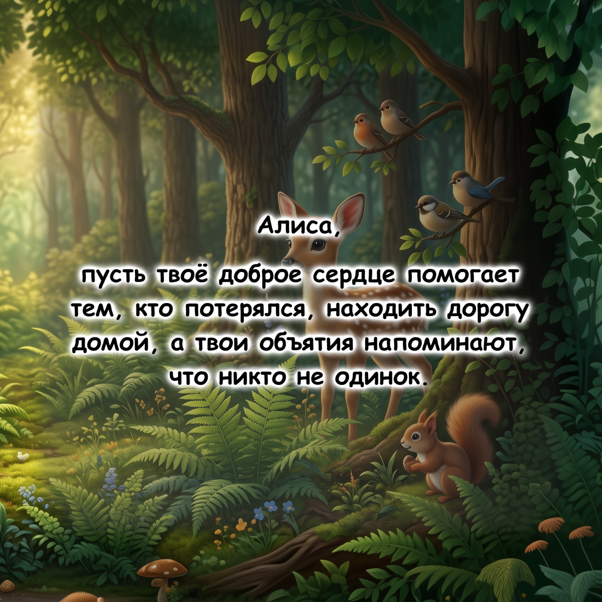A digital graphic featuring a Russian prayer or blessing overlaid on a digital illustration of a mystical forest. The scene depicts a lush green and brown woodland with glowing pink bubbles and soft pink mist filtering through the trees.
