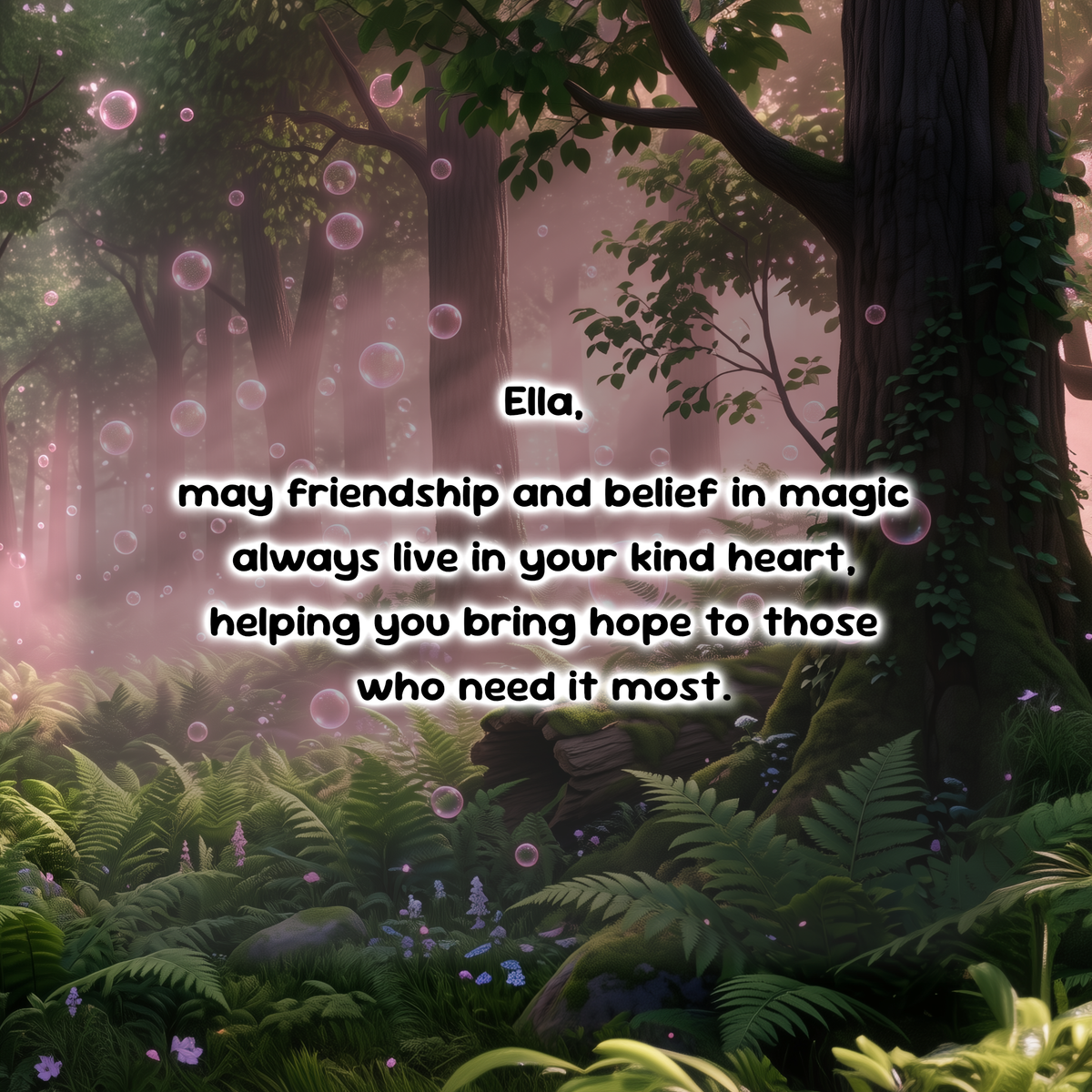 A digital graphic featuring a fantasy forest scene with a quote in the center. The quote reads: 'Ella, may friendship and belief in magic always live in your kind heart, helping you bring hope to those who need it most.