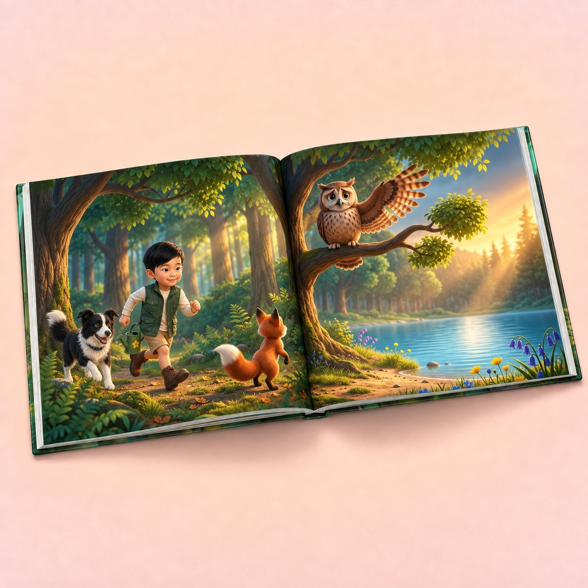 An open illustrated children's book lying on a soft pink background, showing a colorful forest scene with a boy, dog, fox, owl, trees, and a lake.